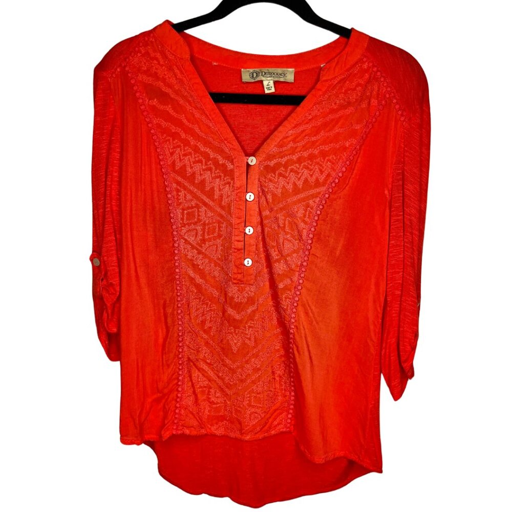 Democracy Women's Size Large Coral Plunging V-Neck Hippie Boho Cool Indie Top